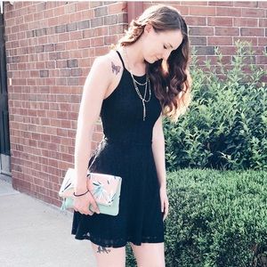 Black crochet fit and flare keyhole dress